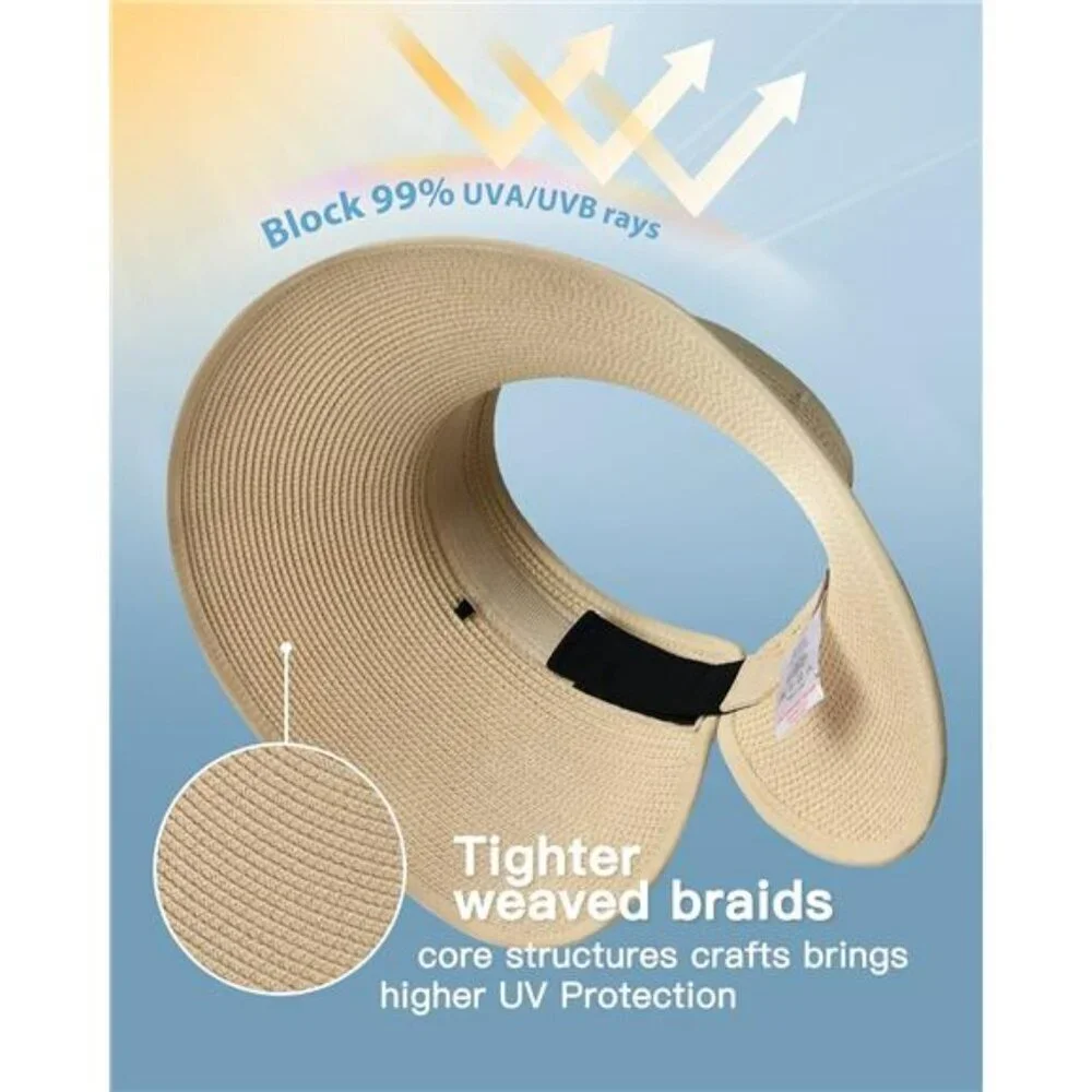 Furtalk Wide Brim Straw Sun Visor Hat UV Protection Packable Beach Ponytail